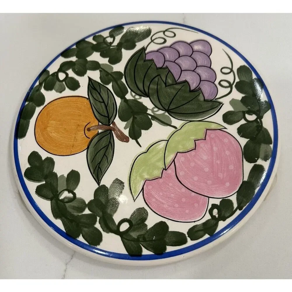 Vtg World Bazaars 3 Fruit Ceramic Glazed White Trivets Blue Rim Chinoiserie 6.5”